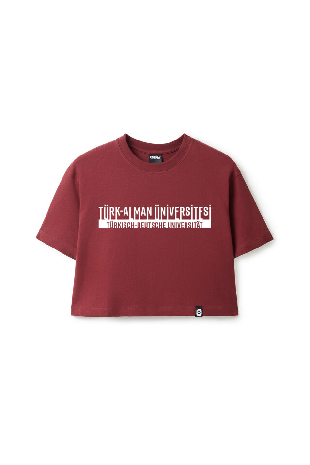Ronna  Kadın Türk - Alman Üniversitesi Serisi Model 4 Baskılı Oversize Bisiklet Yaka Crop Tshirt - TDB020104 Bordo - M