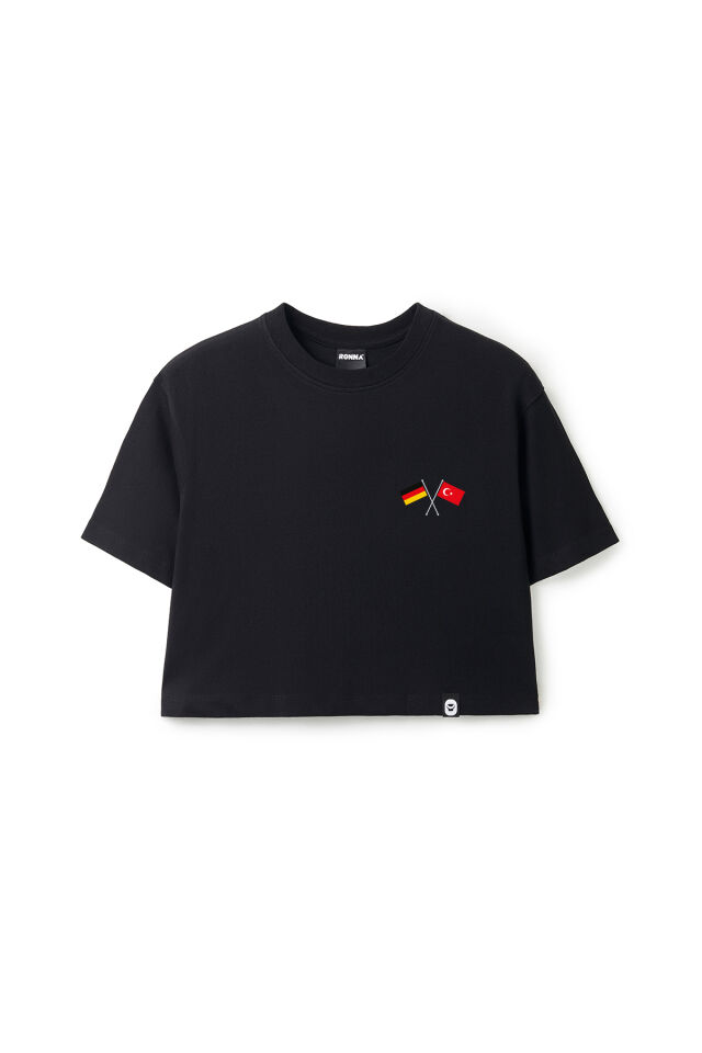 Ronna  Kadın Türk - Alman Üniversitesi Serisi Model 5 Baskılı Oversize Bisiklet Yaka Crop Tshirt - TDB020105 Siyah - L