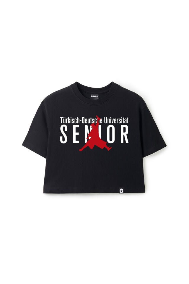 Ronna  Kadın Türk - Alman Üniversitesi Serisi Model 17 Baskılı Oversize Bisiklet Yaka Crop Tshirt - TDB020117 Siyah - L