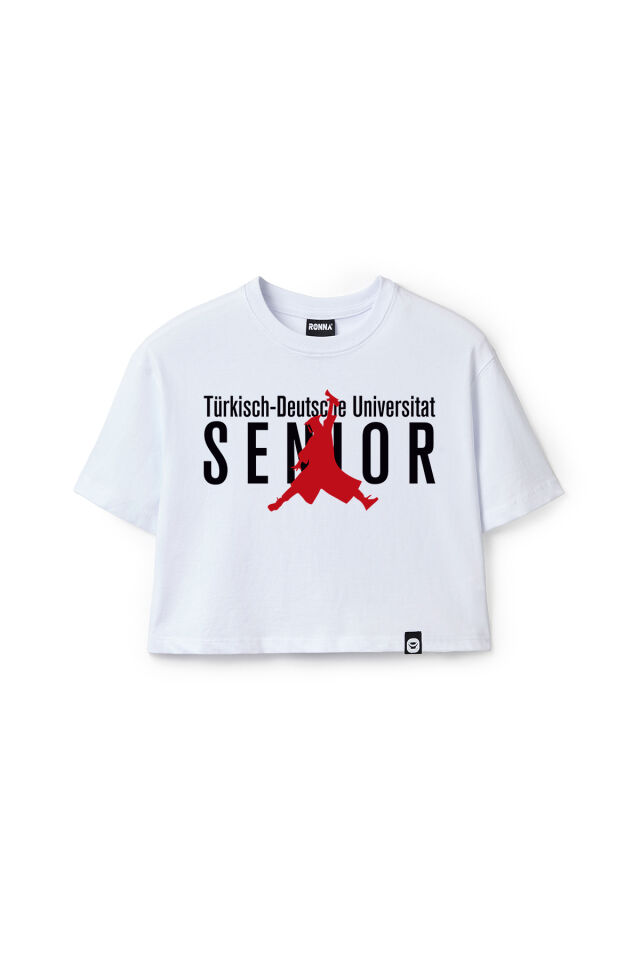 Ronna  Kadın Türk - Alman Üniversitesi Serisi Model 17 Baskılı Oversize Bisiklet Yaka Crop Tshirt - TDB020117 Beyaz - M