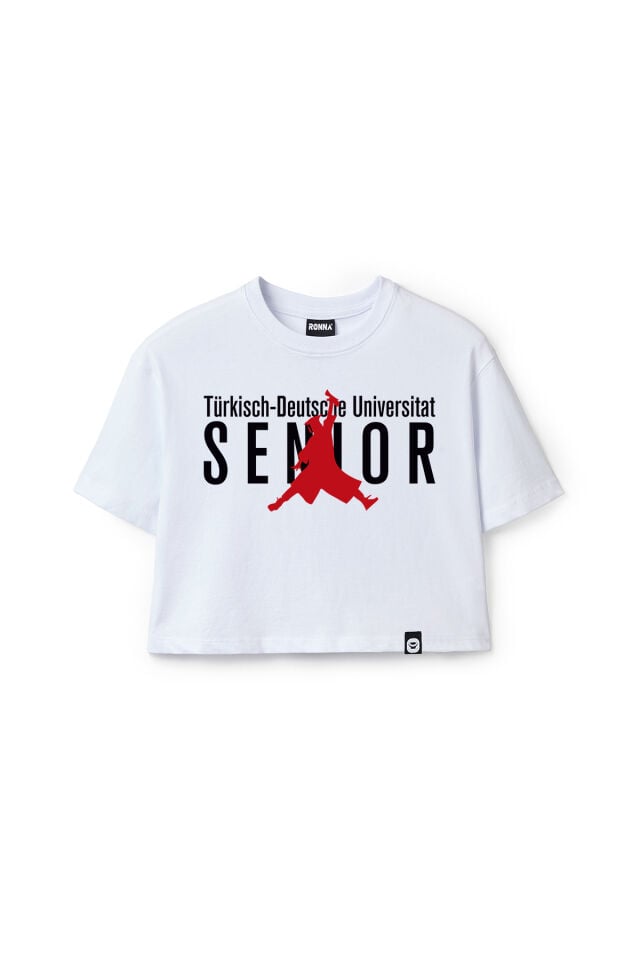 Ronna  Kadın Türk - Alman Üniversitesi Serisi Model 17 Baskılı Oversize Bisiklet Yaka Crop Tshirt - TDB020117 Beyaz - L