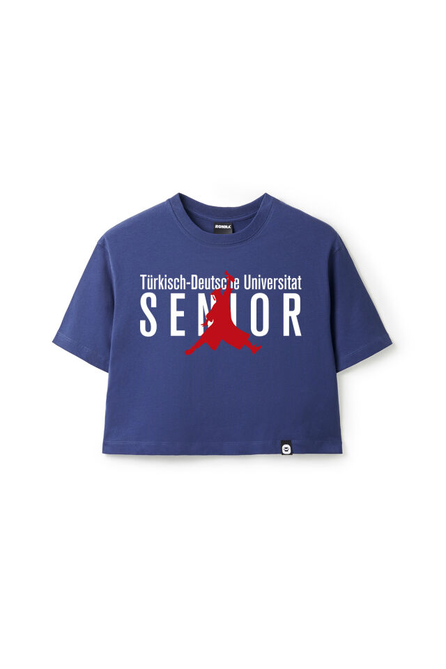 Ronna  Kadın Türk - Alman Üniversitesi Serisi Model 17 Baskılı Oversize Bisiklet Yaka Crop Tshirt - TDB020117 Lacivert - L