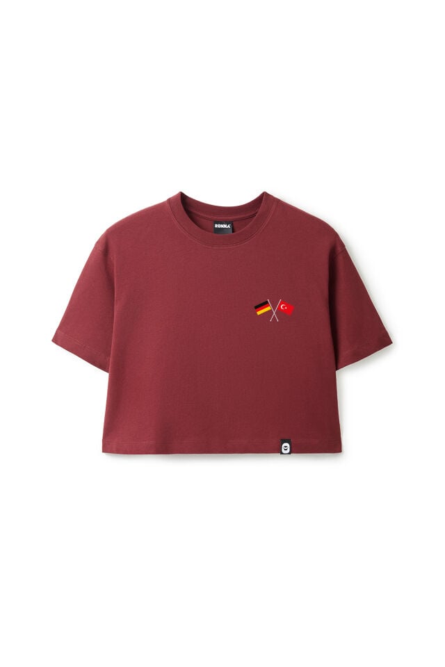 Ronna  Kadın Türk - Alman Üniversitesi Serisi Model 6 Baskılı Oversize Bisiklet Yaka Crop Tshirt - TDB020106 Bordo - M