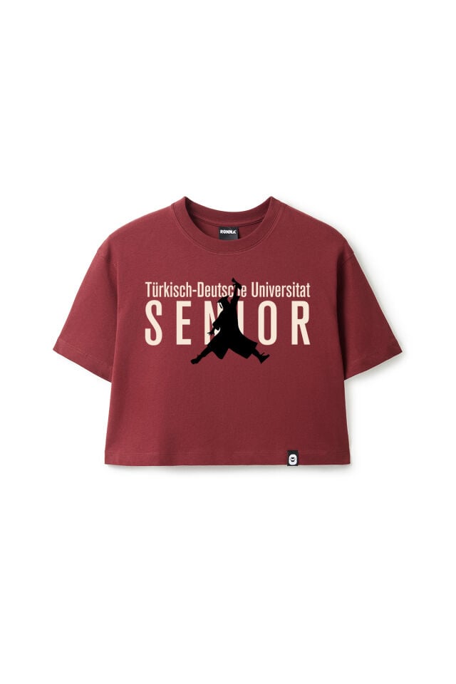 Ronna  Kadın Türk - Alman Üniversitesi Serisi Model 17 Baskılı Oversize Bisiklet Yaka Crop Tshirt - TDB020117 Bordo - L