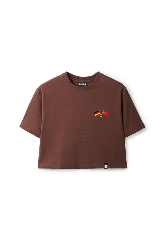 Ronna  Kadın Türk - Alman Üniversitesi Serisi Model 6 Baskılı Oversize Bisiklet Yaka Crop Tshirt - TDB020106 Kahverengi - L