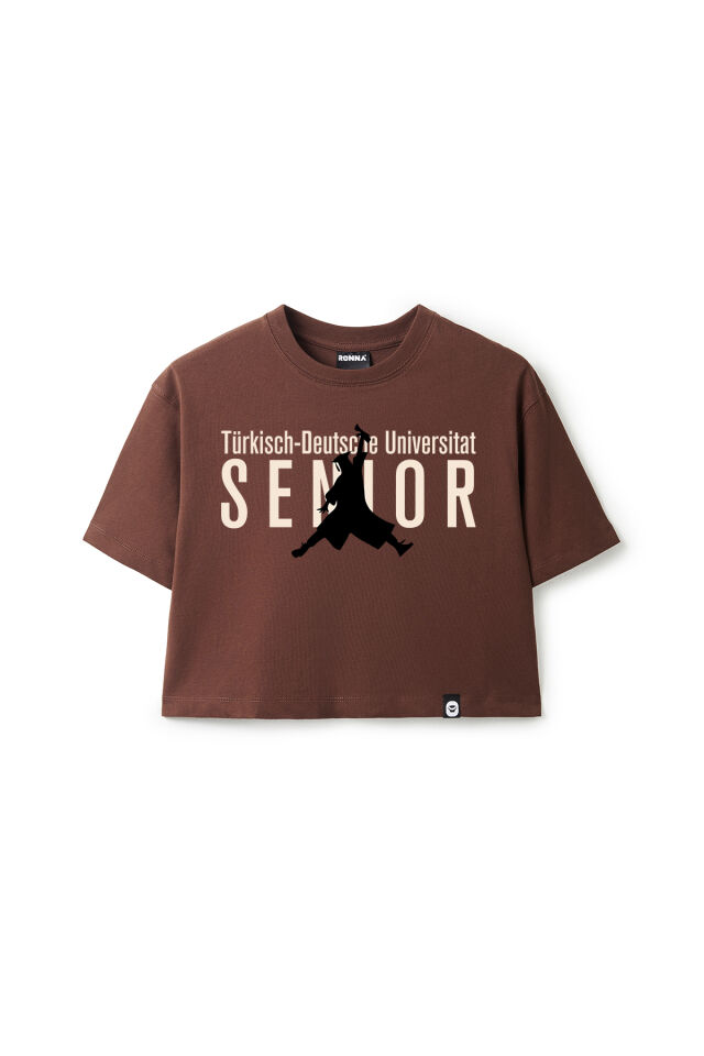 Ronna  Kadın Türk - Alman Üniversitesi Serisi Model 17 Baskılı Oversize Bisiklet Yaka Crop Tshirt - TDB020117 Kahverengi - L