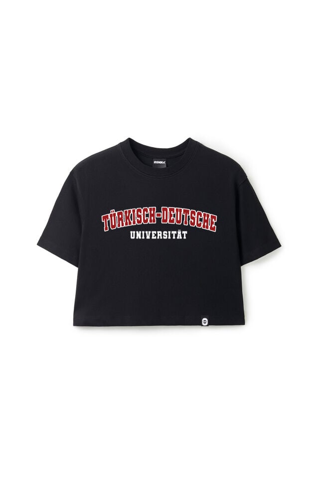 Ronna  Kadın Türk - Alman Üniversitesi Serisi Model 7 Baskılı Oversize Bisiklet Yaka Crop Tshirt - TDB020107 Siyah - L