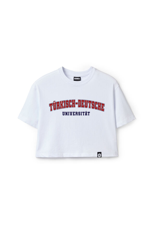 Ronna  Kadın Türk - Alman Üniversitesi Serisi Model 7 Baskılı Oversize Bisiklet Yaka Crop Tshirt - TDB020107 Beyaz - M