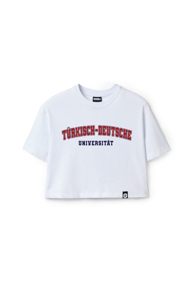 Ronna  Kadın Türk - Alman Üniversitesi Serisi Model 7 Baskılı Oversize Bisiklet Yaka Crop Tshirt - TDB020107 Beyaz - L