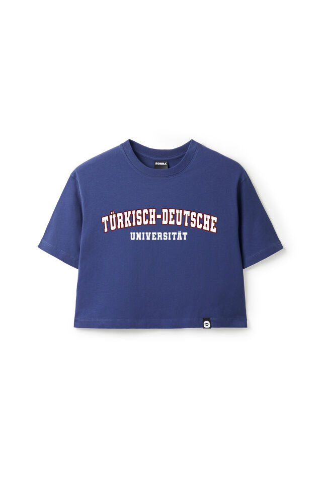 Ronna  Kadın Türk - Alman Üniversitesi Serisi Model 7 Baskılı Oversize Bisiklet Yaka Crop Tshirt - TDB020107 Lacivert - L