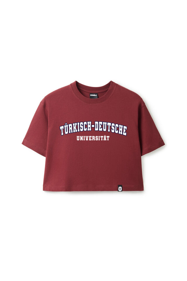 Ronna  Kadın Türk - Alman Üniversitesi Serisi Model 7 Baskılı Oversize Bisiklet Yaka Crop Tshirt - TDB020107 Bordo - L