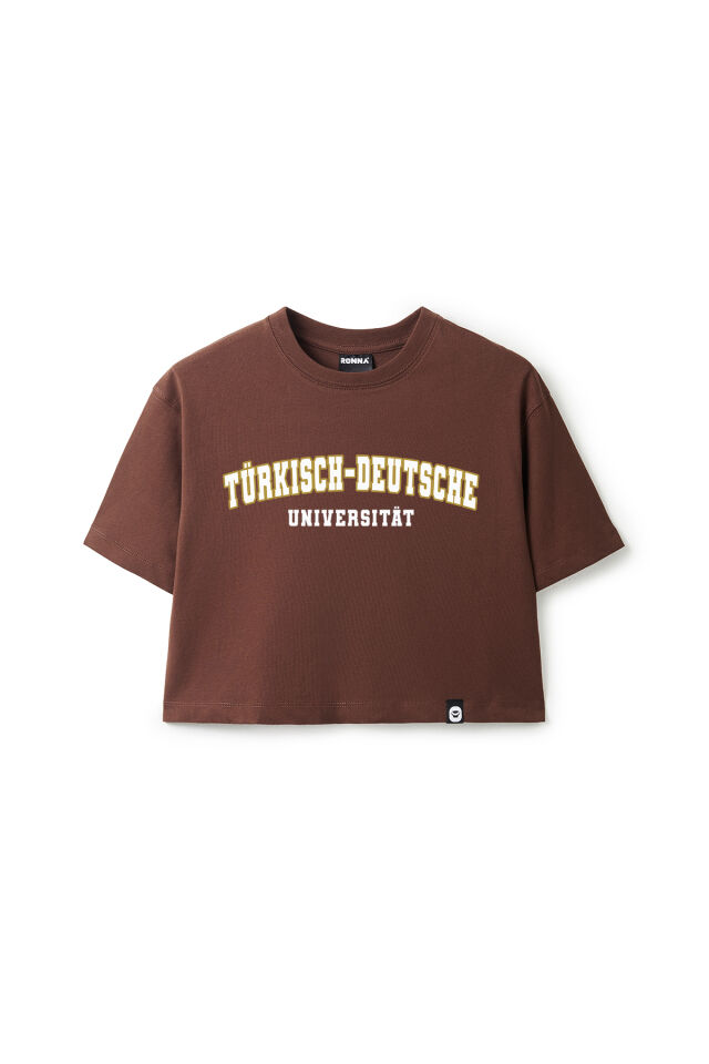 Ronna  Kadın Türk - Alman Üniversitesi Serisi Model 7 Baskılı Oversize Bisiklet Yaka Crop Tshirt - TDB020107 Kahverengi - L