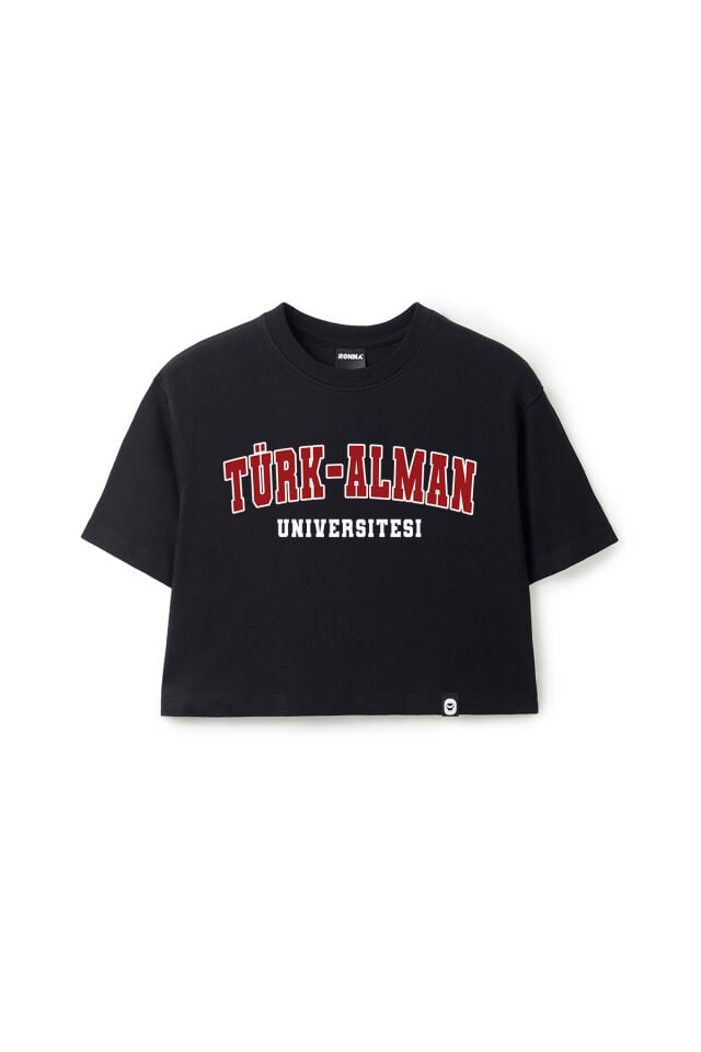 Ronna  Kadın Türk - Alman Üniversitesi Serisi Model 8 Baskılı Oversize Bisiklet Yaka Crop Tshirt - TDB020108 Siyah - L