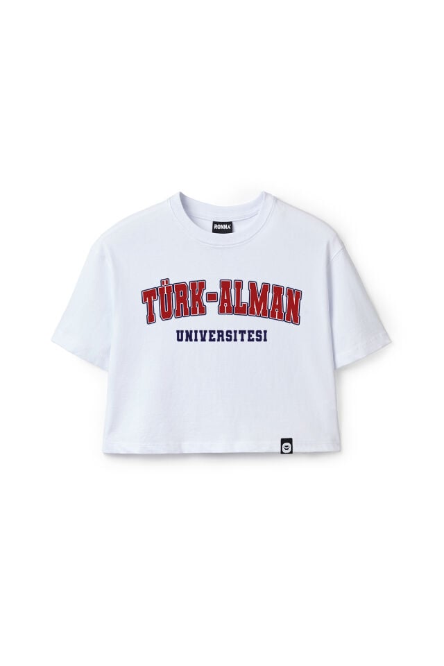Ronna  Kadın Türk - Alman Üniversitesi Serisi Model 8 Baskılı Oversize Bisiklet Yaka Crop Tshirt - TDB020108 Beyaz - L