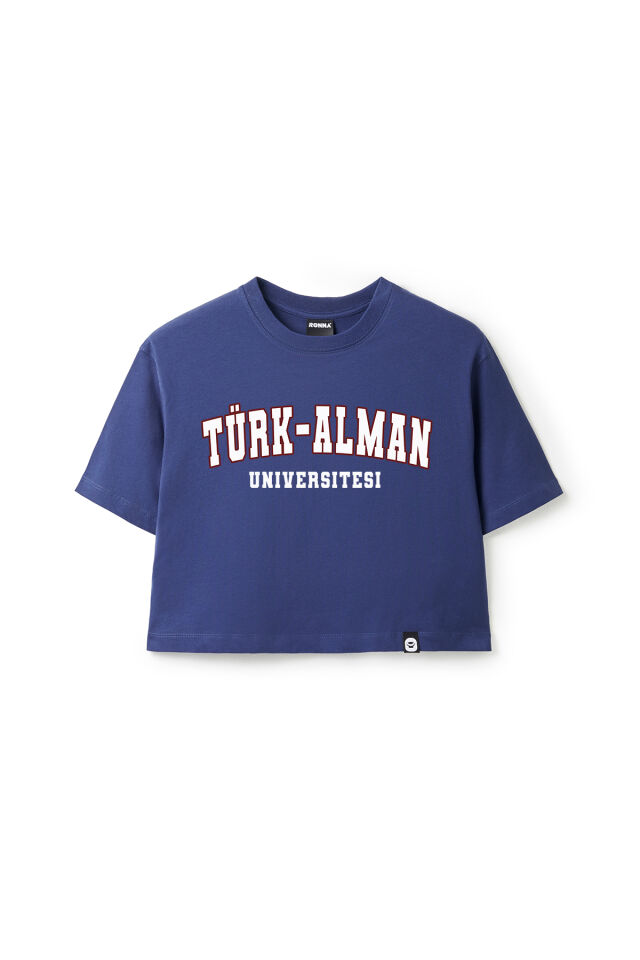 Ronna  Kadın Türk - Alman Üniversitesi Serisi Model 8 Baskılı Oversize Bisiklet Yaka Crop Tshirt - TDB020108 Lacivert - M