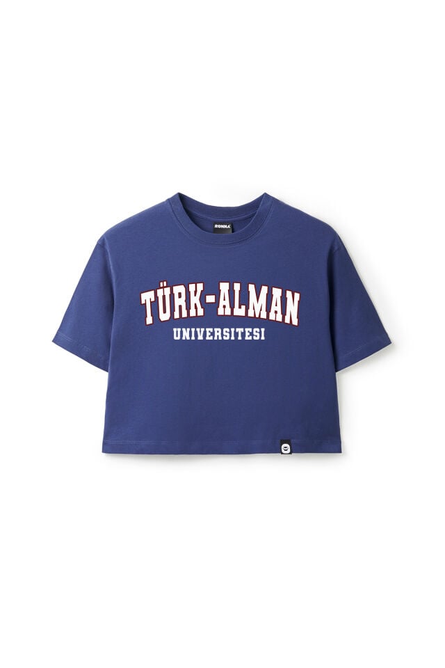 Ronna  Kadın Türk - Alman Üniversitesi Serisi Model 8 Baskılı Oversize Bisiklet Yaka Crop Tshirt - TDB020108 Lacivert - L