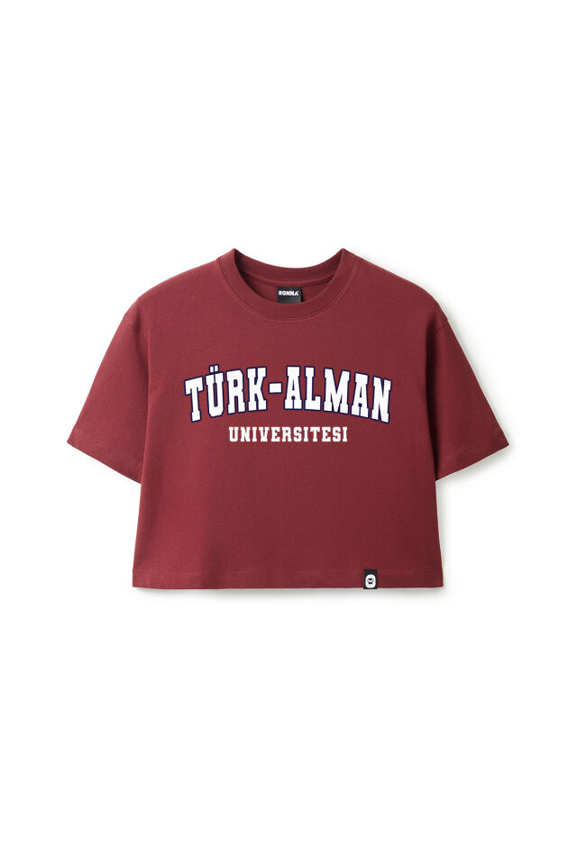 Ronna  Kadın Türk - Alman Üniversitesi Serisi Model 8 Baskılı Oversize Bisiklet Yaka Crop Tshirt - TDB020108 Bordo - M