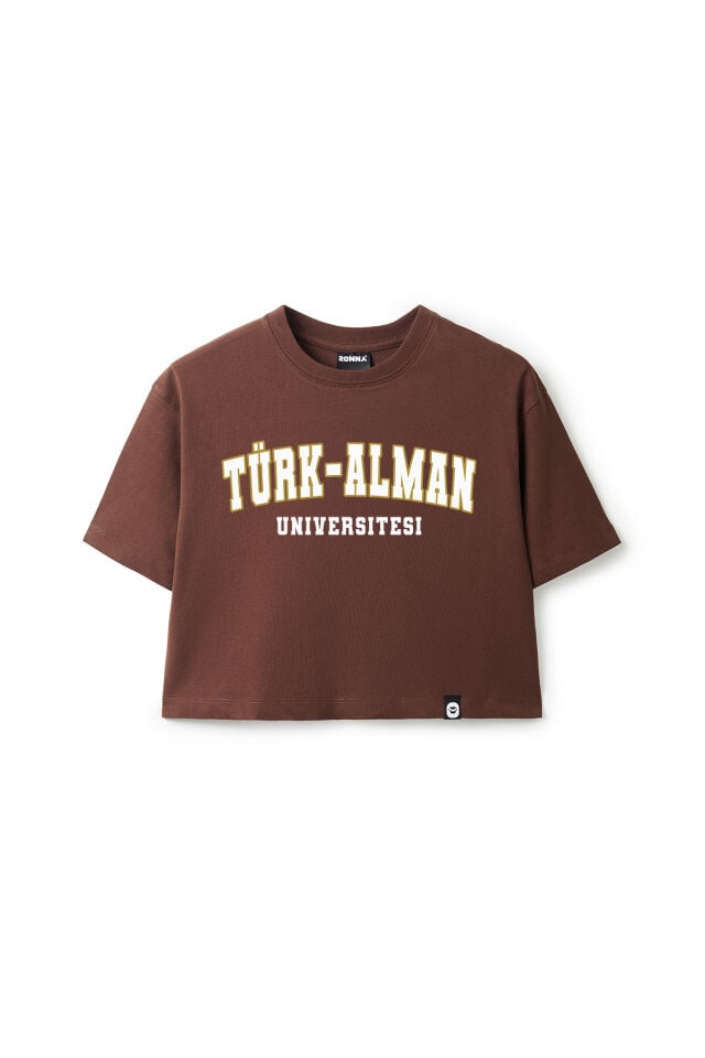 Ronna  Kadın Türk - Alman Üniversitesi Serisi Model 8 Baskılı Oversize Bisiklet Yaka Crop Tshirt - TDB020108 Kahverengi - L