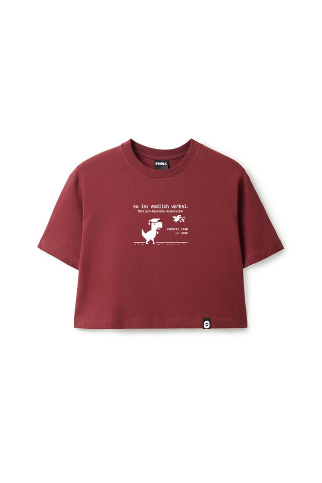 Ronna  Kadın Türk - Alman Üniversitesi Serisi Model 10 Baskılı Oversize Bisiklet Yaka Crop Tshirt - TDB020110 Bordo - L
