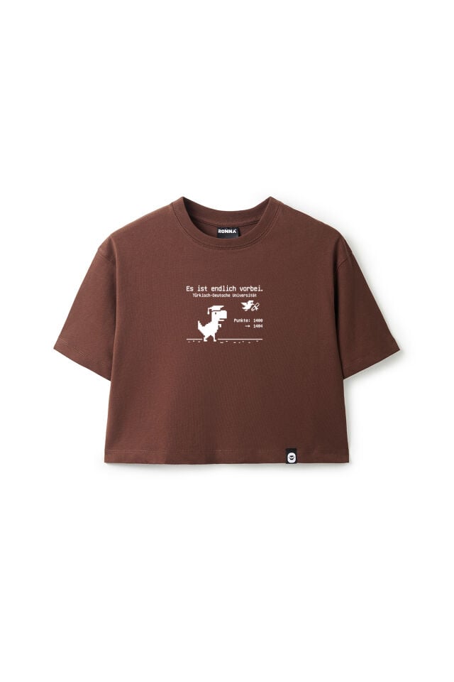 Ronna  Kadın Türk - Alman Üniversitesi Serisi Model 10 Baskılı Oversize Bisiklet Yaka Crop Tshirt - TDB020110 Kahverengi - L