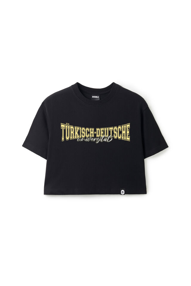 Ronna  Kadın Türk - Alman Üniversitesi Serisi Model 11 Baskılı Oversize Bisiklet Yaka Crop Tshirt - TDB020111 Siyah - L