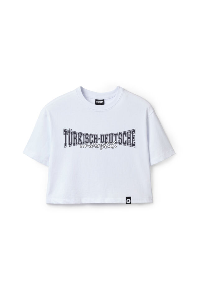 Ronna  Kadın Türk - Alman Üniversitesi Serisi Model 11 Baskılı Oversize Bisiklet Yaka Crop Tshirt - TDB020111 Beyaz - L