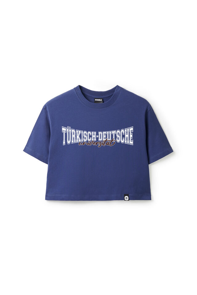 Ronna  Kadın Türk - Alman Üniversitesi Serisi Model 11 Baskılı Oversize Bisiklet Yaka Crop Tshirt - TDB020111 Lacivert - M