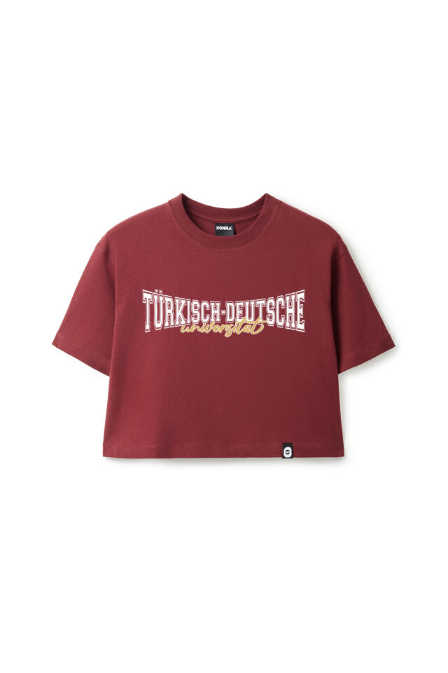 Ronna  Kadın Türk - Alman Üniversitesi Serisi Model 11 Baskılı Oversize Bisiklet Yaka Crop Tshirt - TDB020111 Bordo - M