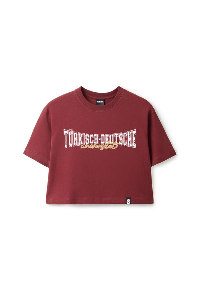 Ronna  Kadın Türk - Alman Üniversitesi Serisi Model 11 Baskılı Oversize Bisiklet Yaka Crop Tshirt - TDB020111 Bordo - L