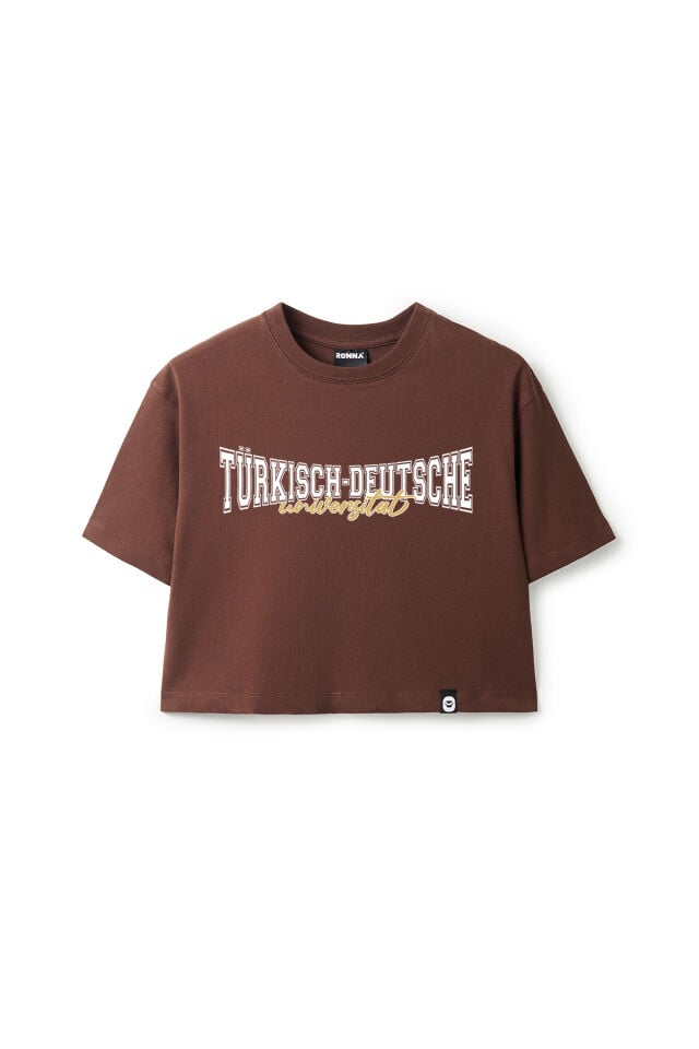 Ronna  Kadın Türk - Alman Üniversitesi Serisi Model 11 Baskılı Oversize Bisiklet Yaka Crop Tshirt - TDB020111 Kahverengi - L
