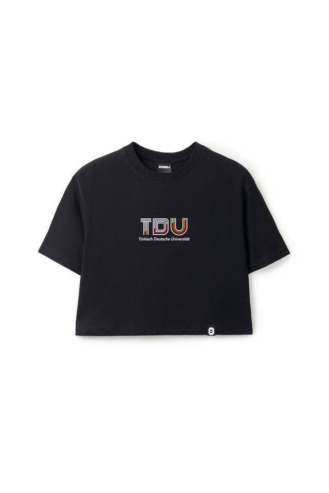 Ronna  Kadın Türk - Alman Üniversitesi Serisi Model 13 Baskılı Oversize Bisiklet Yaka Crop Tshirt - TDB020113 Siyah - L