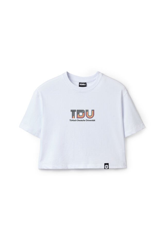 Ronna  Kadın Türk - Alman Üniversitesi Serisi Model 13 Baskılı Oversize Bisiklet Yaka Crop Tshirt - TDB020113 Beyaz - L