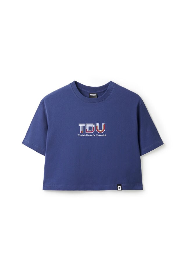 Ronna  Kadın Türk - Alman Üniversitesi Serisi Model 13 Baskılı Oversize Bisiklet Yaka Crop Tshirt - TDB020113 Lacivert - L