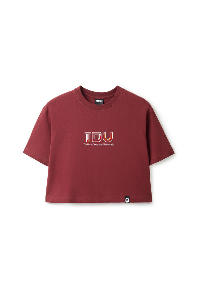 Ronna  Kadın Türk - Alman Üniversitesi Serisi Model 13 Baskılı Oversize Bisiklet Yaka Crop Tshirt - TDB020113 Bordo - M